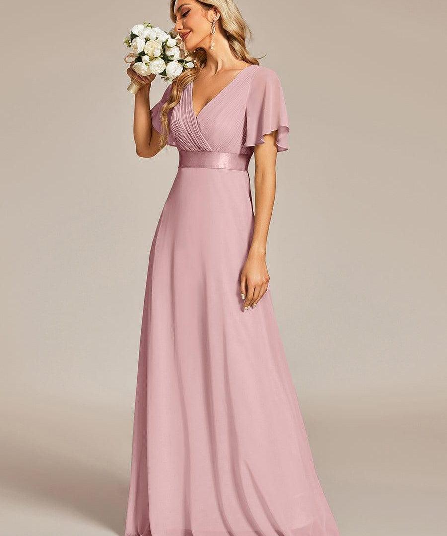 MONICA | Dlouhé šaty pro družičky s empírovým pasem a krátkými volánkovými rukávy | Bridesmaid Dresses | Elora Praha