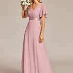 MONICA | Dlouhé šaty pro družičky s empírovým pasem a krátkými volánkovými rukávy | Bridesmaid Dresses | Elora Praha