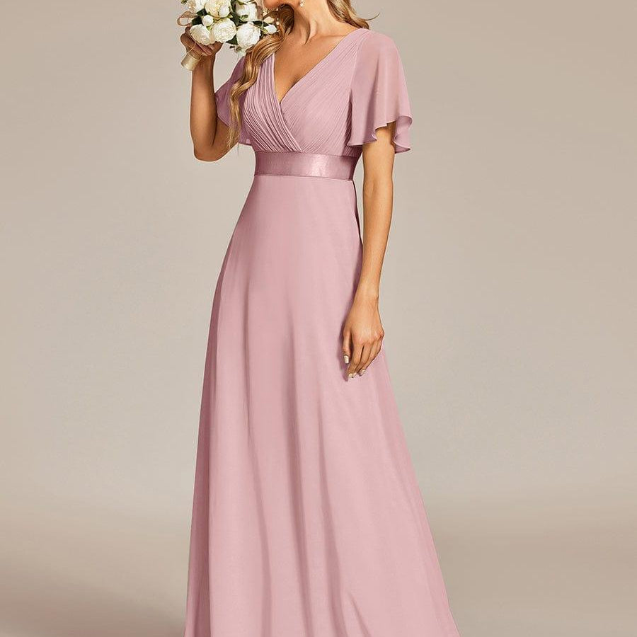 MONICA | Dlouhé šaty pro družičky s empírovým pasem a krátkými volánkovými rukávy | Bridesmaid Dresses | Elora Praha