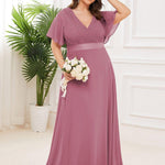 MONICA | Dlouhé šaty pro družičky s empírovým pasem a krátkými volánkovými rukávy | Bridesmaid Dresses | Elora Praha