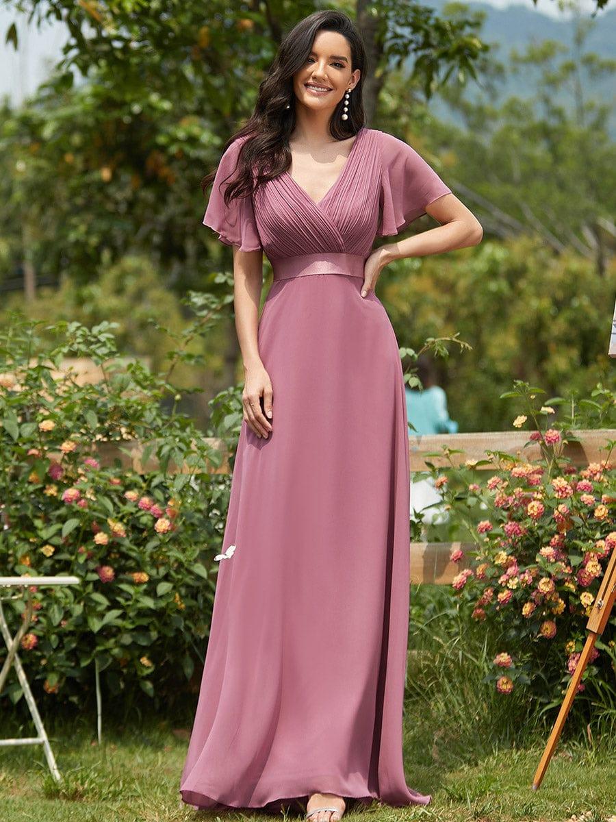 MONICA | Dlouhé šaty pro družičky s empírovým pasem a krátkými volánkovými rukávy | Bridesmaid Dresses | Elora Praha