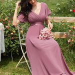 MONICA | Dlouhé šaty pro družičky s empírovým pasem a krátkými volánkovými rukávy | Bridesmaid Dresses | Elora Praha
