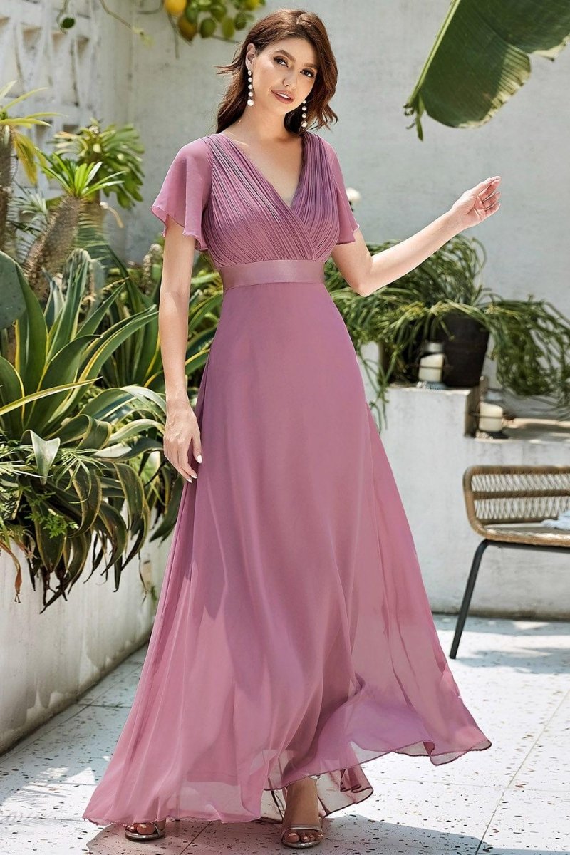 MONICA | Dlouhé šaty pro družičky s empírovým pasem a krátkými volánkovými rukávy | Bridesmaid Dresses | Elora Praha