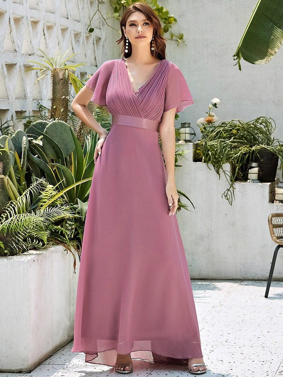 MONICA | Dlouhé šaty pro družičky s empírovým pasem a krátkými volánkovými rukávy | Bridesmaid Dresses | Elora Praha
