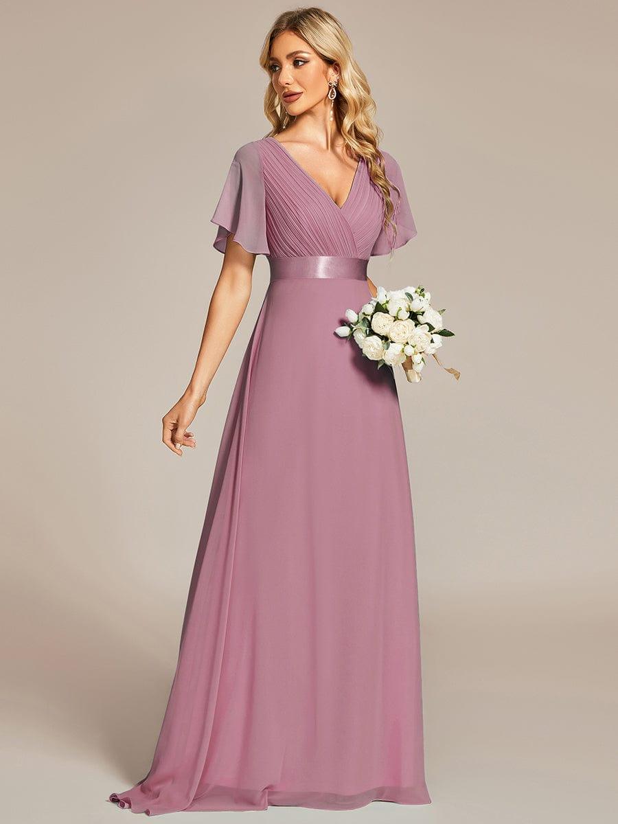 MONICA | Dlouhé šaty pro družičky s empírovým pasem a krátkými volánkovými rukávy | Bridesmaid Dresses | Elora Praha