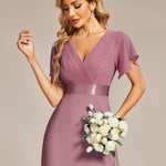 MONICA | Dlouhé šaty pro družičky s empírovým pasem a krátkými volánkovými rukávy | Bridesmaid Dresses | Elora Praha