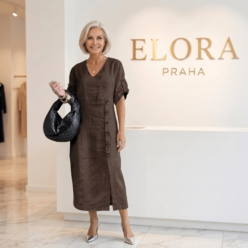 Elegantní midi šaty s knoflíky a krátkými rukávy — Elora Praha | | Elora Praha