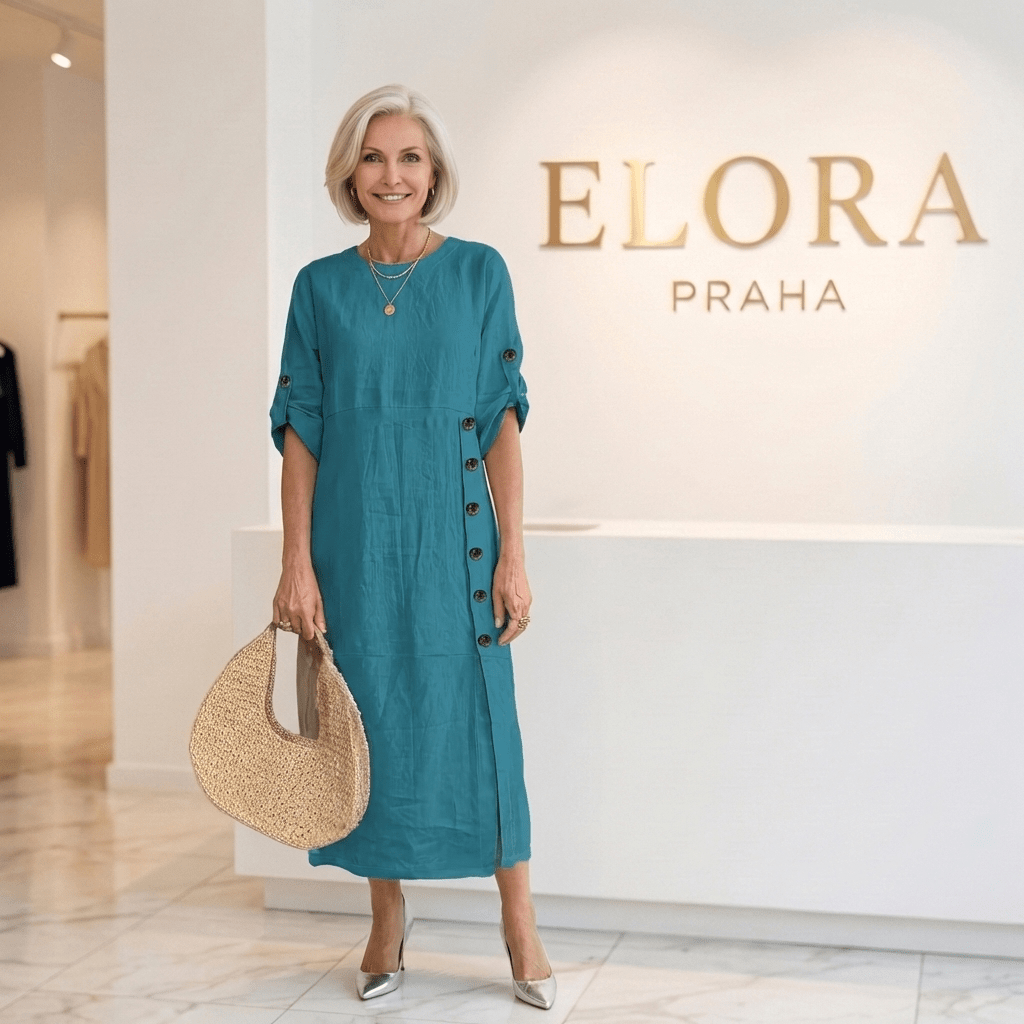 Elegantní midi šaty s knoflíky a krátkými rukávy — Elora Praha | | Elora Praha