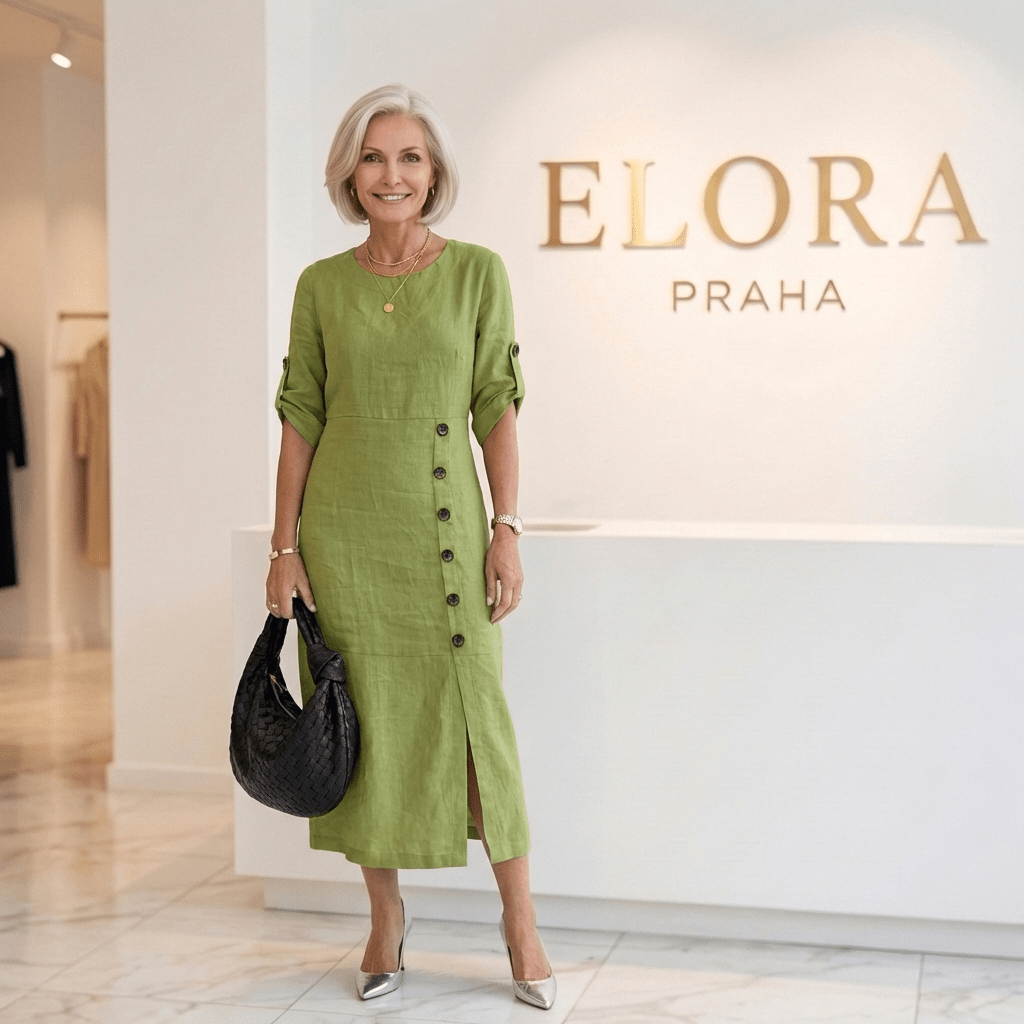Elegantní midi šaty s knoflíky a krátkými rukávy — Elora Praha | | Elora Praha